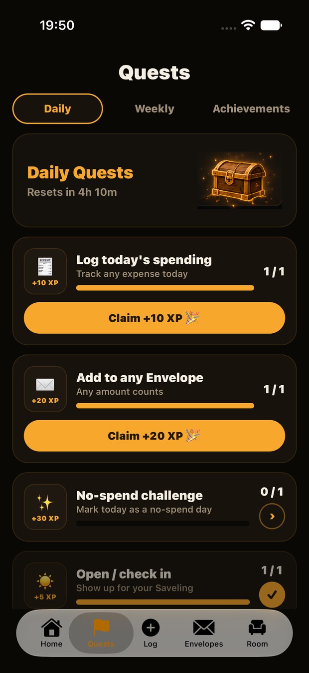 Quests screen with daily quests and XP rewards
